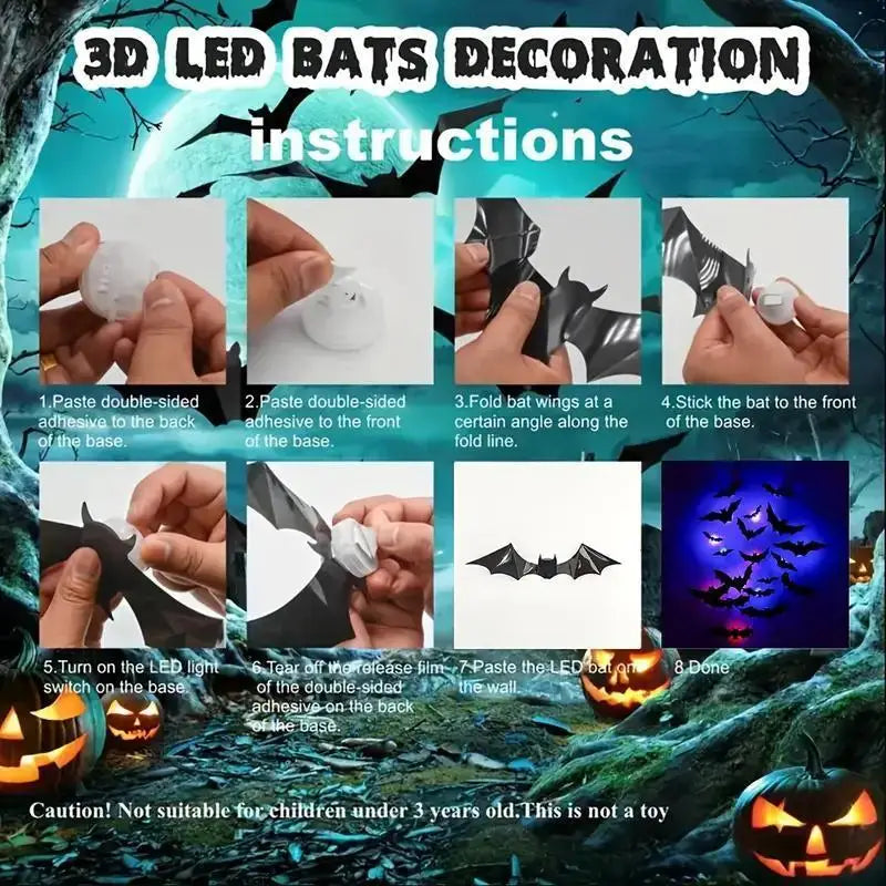 Halloween 3D Bat LED Wall Decal Night Light | Peel & Stick Glow Decoration