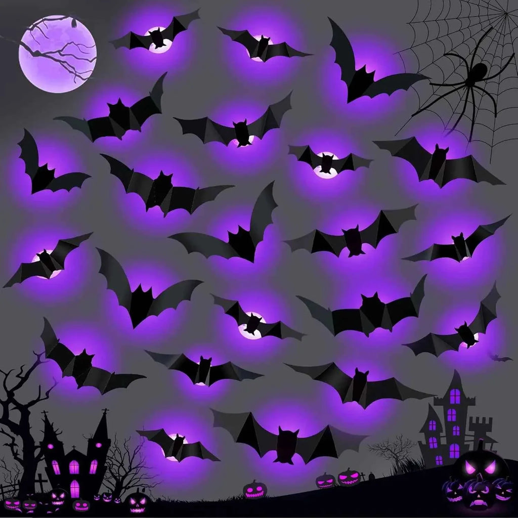 Halloween Bat & Spider Night Light Wall Decor – 3D Glow Stickers