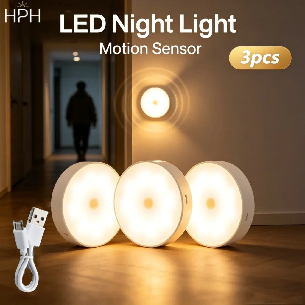 HPH LED Night Light 3pcs USB Rechargeable Night Lamp Automatic Light For Kitchen Cabinet Wardrobe Lamp Wireless Closet Light